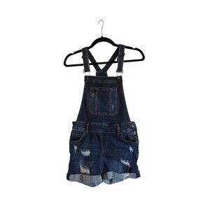 Womens Enjean Stretch Denim Overall Shorts Button Bib Distressed Shortall Size S
